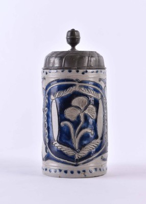 Westerwald roller jug with floral ornamentation and knotted bands, 18th century