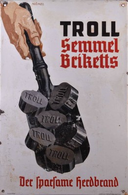 altes Emailleschild Troll Semmel Briketts
