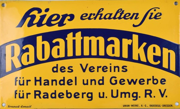altes Emailleschild Rabattmarken Radeberg