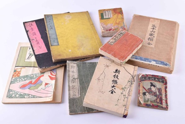A group of books and playing cards Japan Meiji period