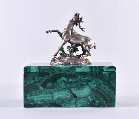 Hunting malachite lidded box Russia